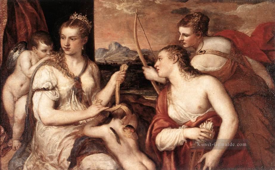 Venus blindfolding Amor Nacktheit Tizian Ölgemälde